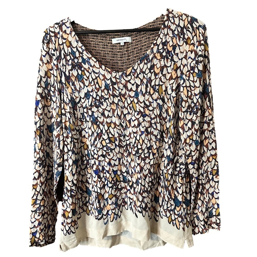 Sandwich Multicolour Feather Print Patterned Long Sleeved Blouse Top Sz L Boho